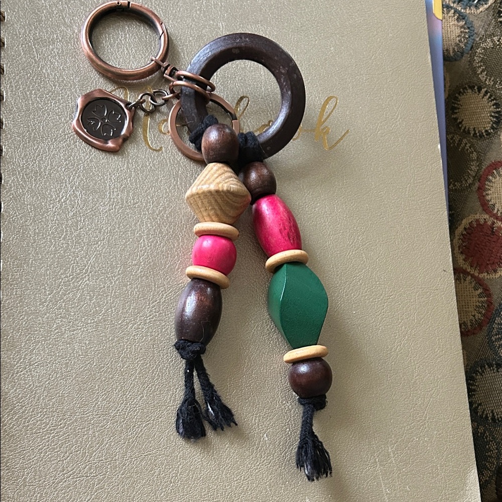 Patricia Nash Wooden Beaded Keychain with Green and Pink Accents